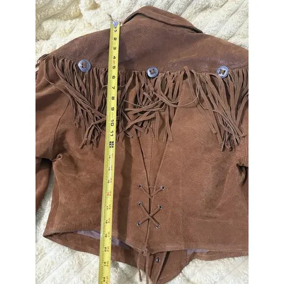 Women’s Vintage 80’s Fringe Leather Jacket Brown Western Express Size Large - Picture 13 of 16